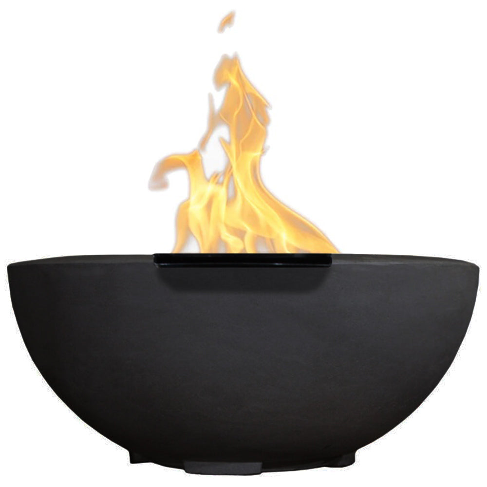 Modern concrete gas fire bowl with flame, matte black bowl and black burner ledge