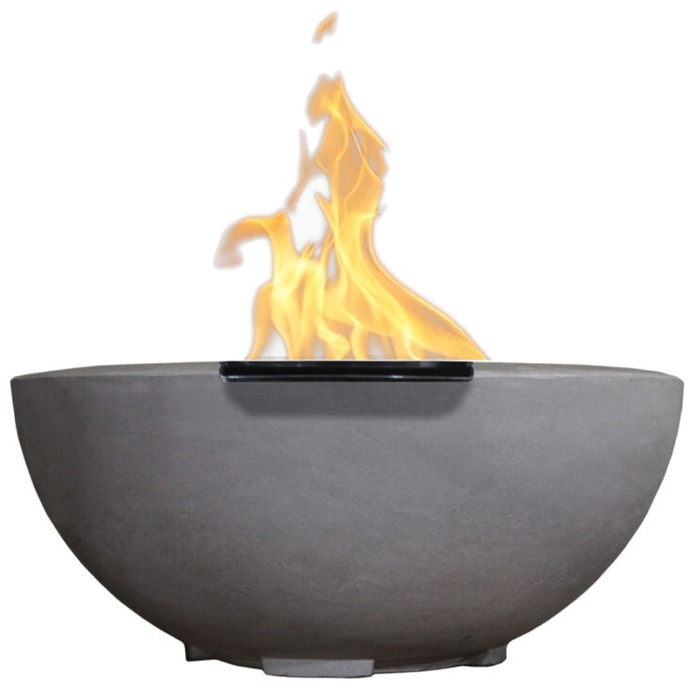 Modern concrete gas fire bowl with flame, medium gray bowl and black burner ledge