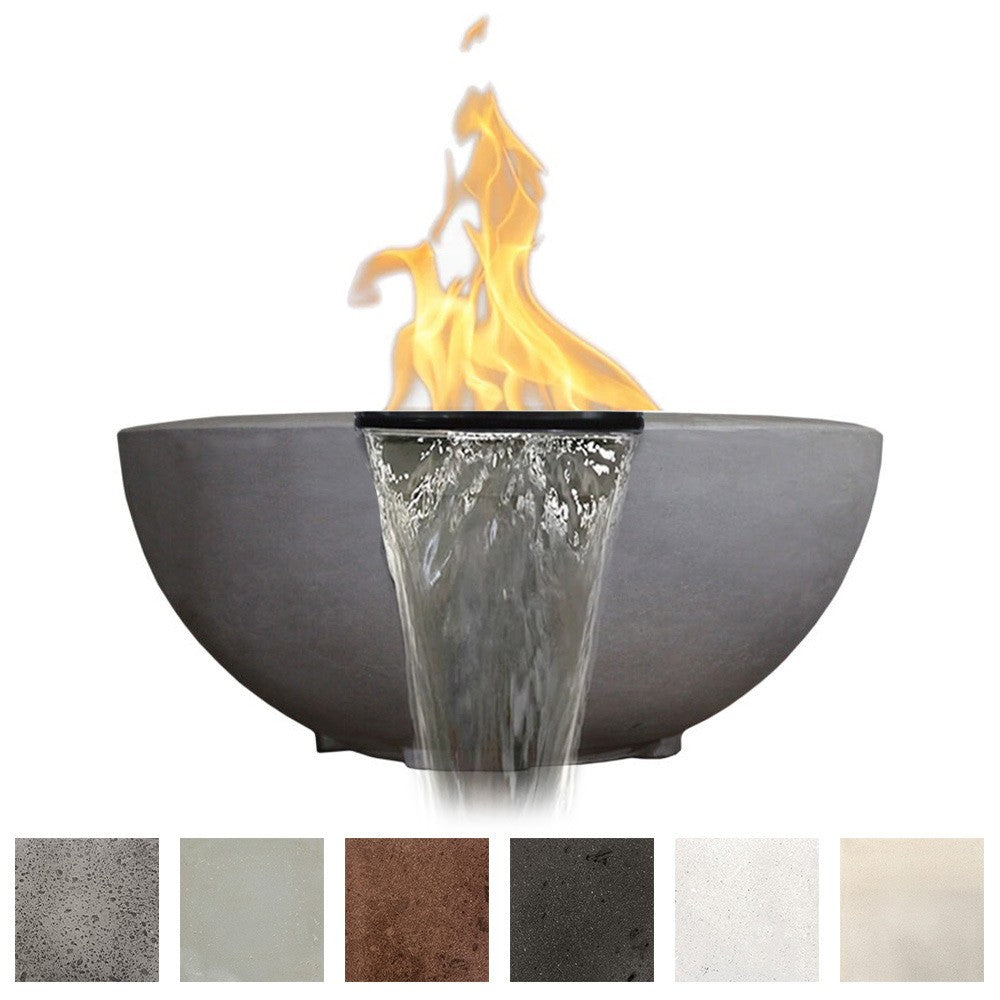 Dark gray concrete fire and water bowl with flame and arcing water spout