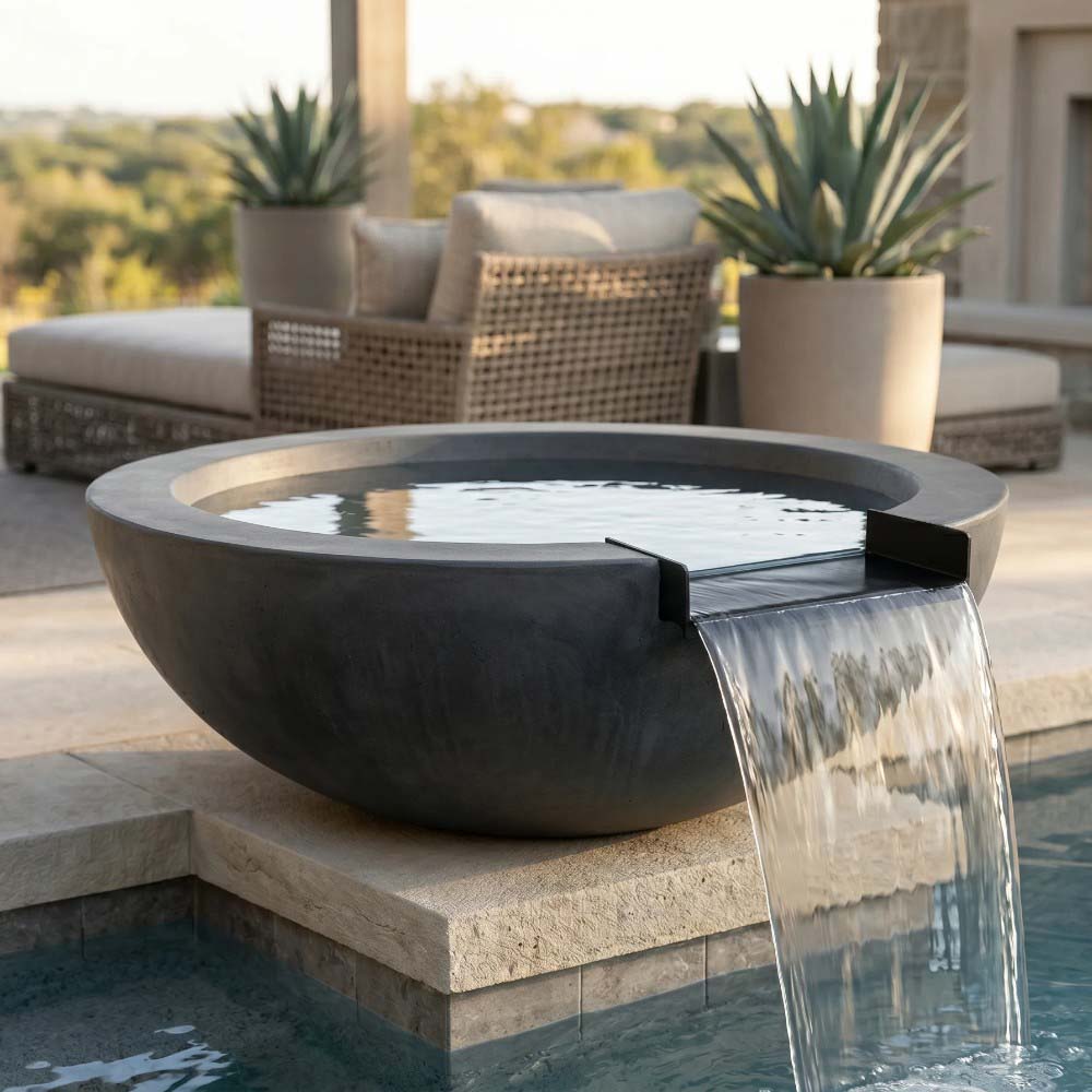 Gray concrete fire and water bowl with black spillway and flowing water