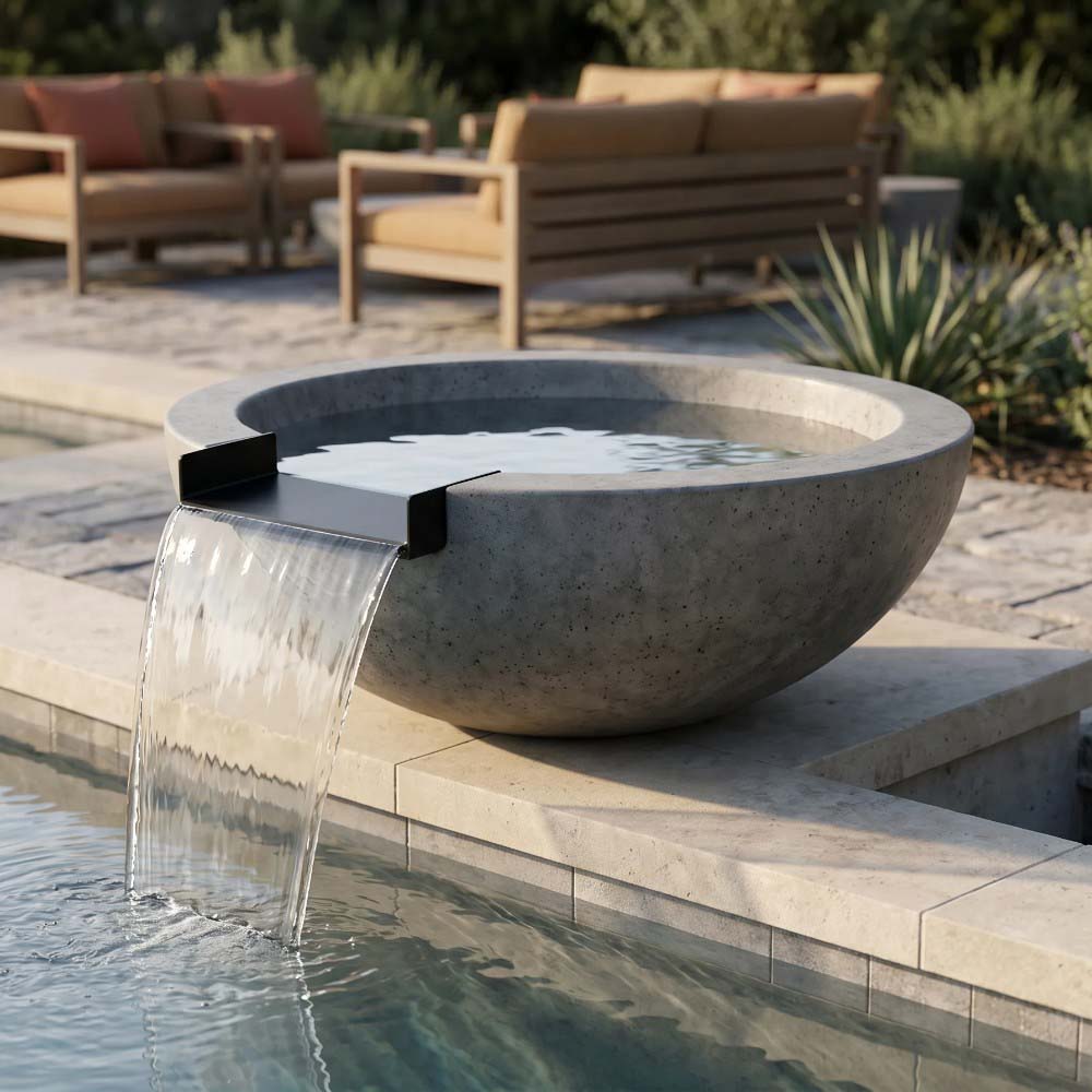 Concrete fire and water bowl with open center pool and long spillway water stream