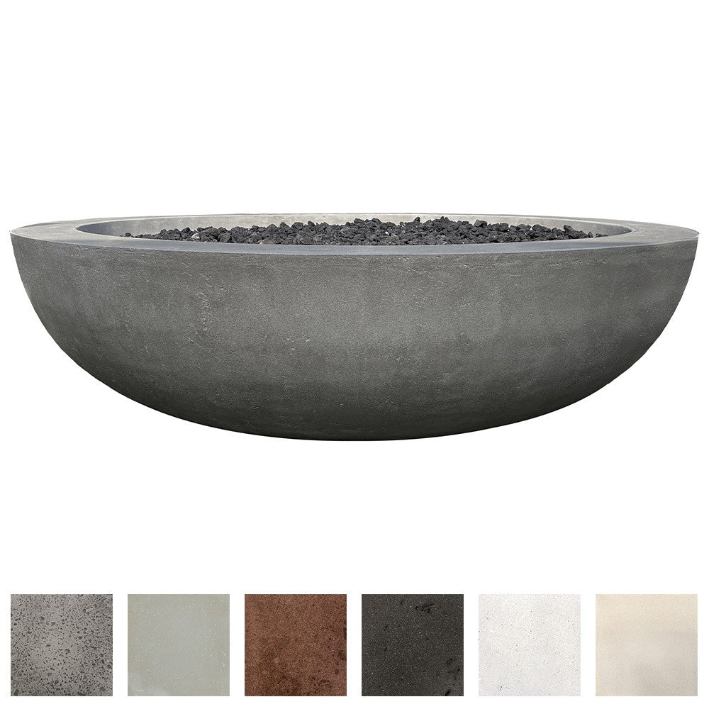 Round concrete gas fire pit bowl with dark gray finish and open center