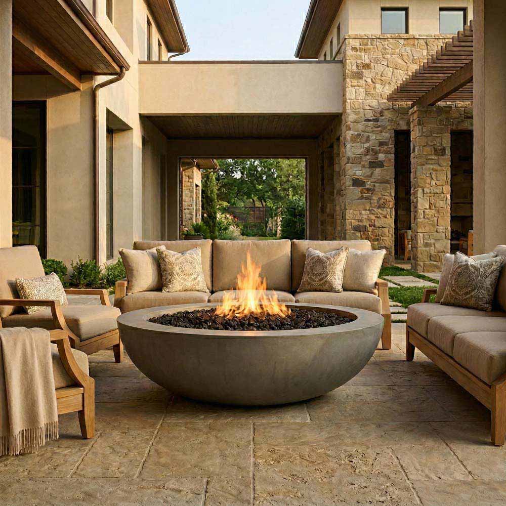 Concrete gas fire pit with dark gray round bowl and burning flames outdoors