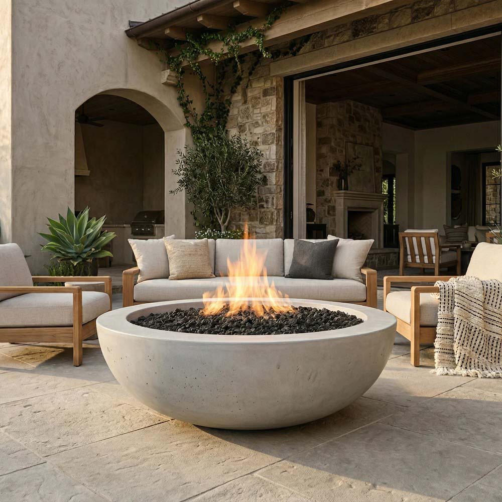 White concrete gas fire pit with round bowl and flames burning outdoors