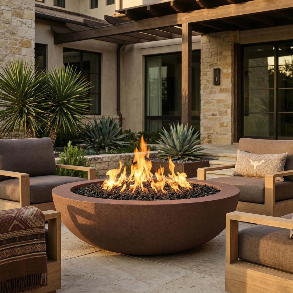 Brown concrete gas fire pit with round bowl and burning flames in courtyard