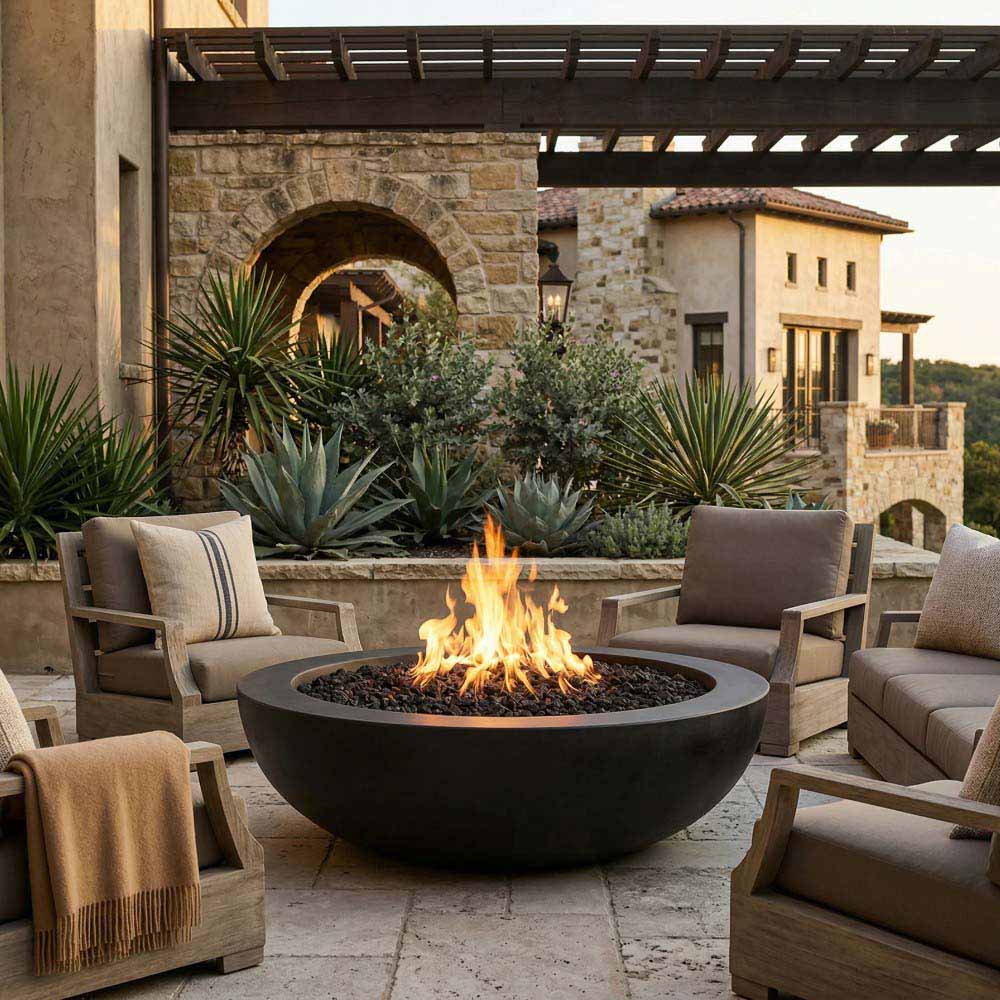 Concrete gas fire pit with dark gray round bowl and visible flames on patio