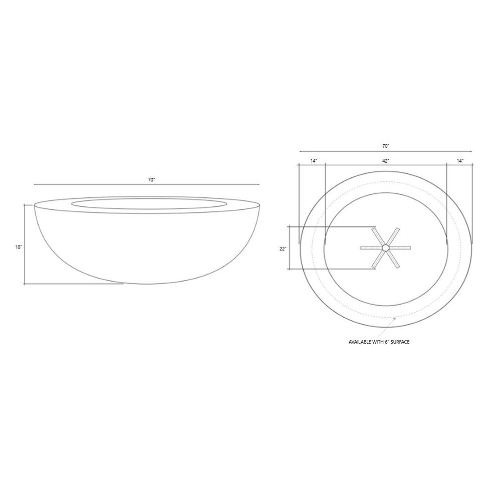 Concrete gas fire pit dimension diagram with round burner bowl layout