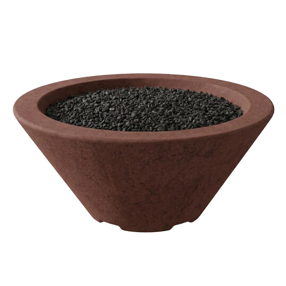 Small concrete gas fire bowl with dark lava rock, reddish-brown finish, round opening