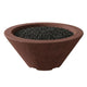Small concrete gas fire bowl with dark lava rock, reddish-brown finish, round opening