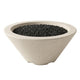 Small concrete gas fire bowl with dark lava rock, light beige finish, round rim