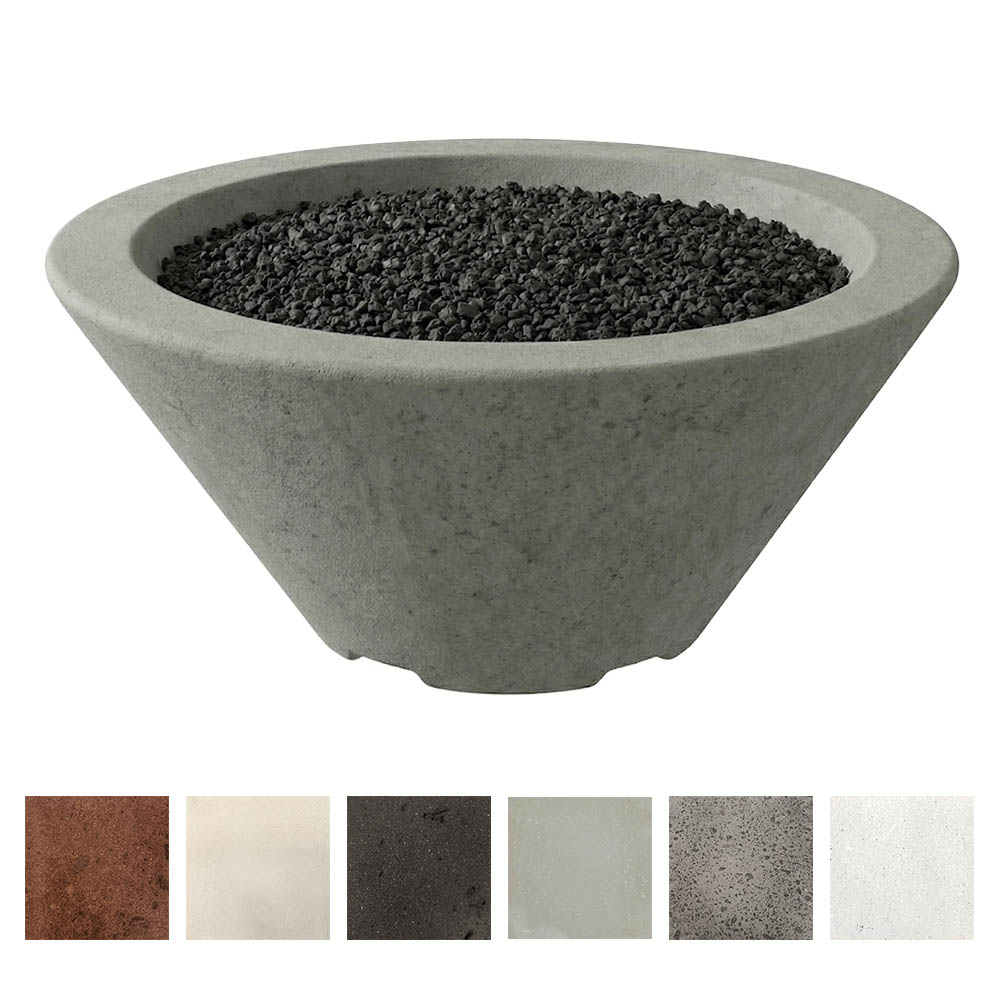 Small concrete gas fire bowl with dark lava rock, light gray finish, round top opening