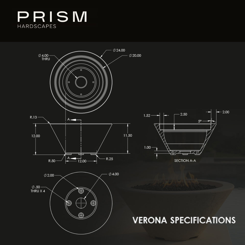 Verona concrete gas fire bowl technical drawing with measurements and section view