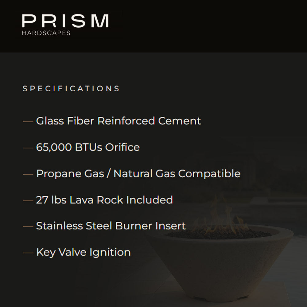Concrete gas fire pit specifications graphic listing features and included lava rocks