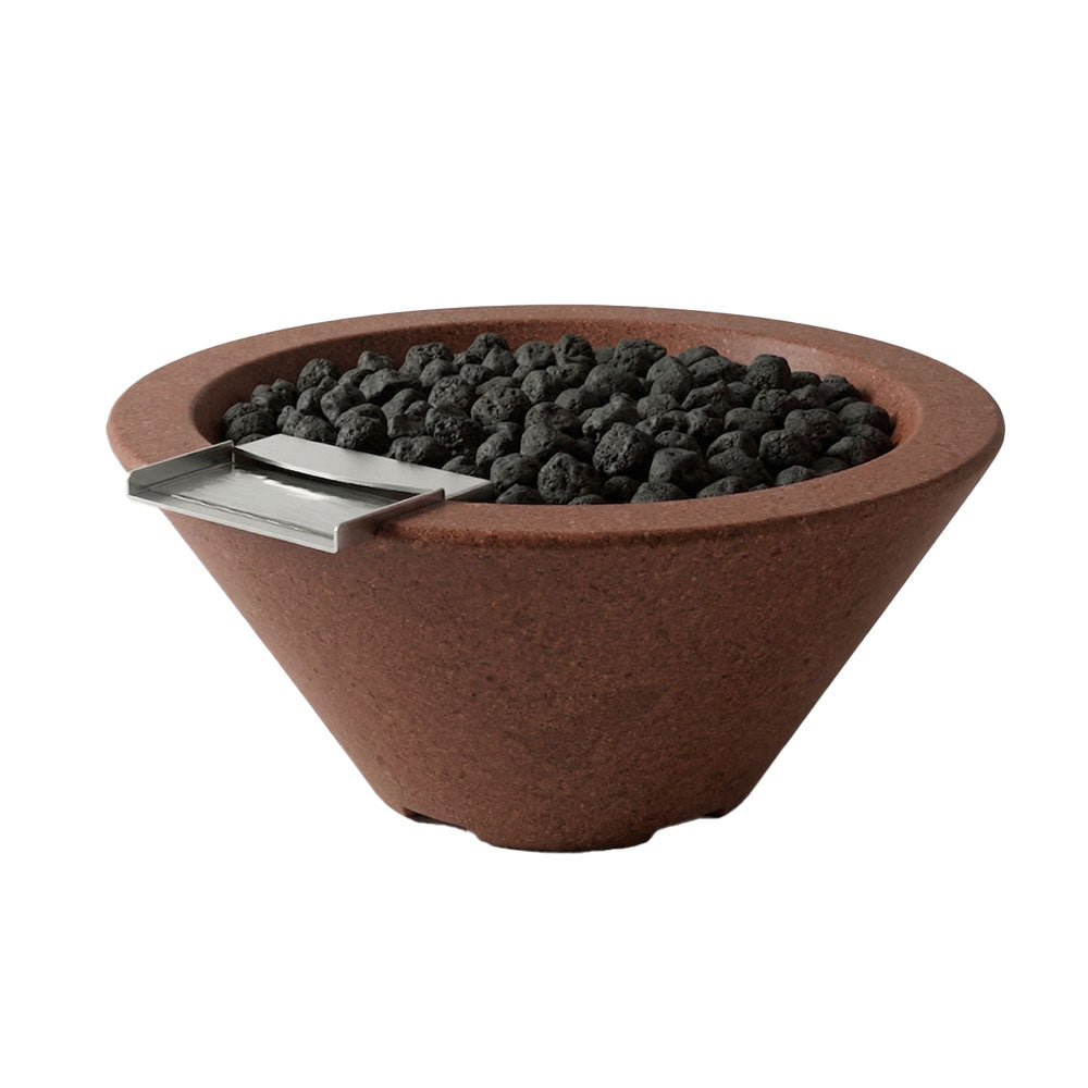Concrete gas fire and water bowl with brown finish and black lava rocks in tray