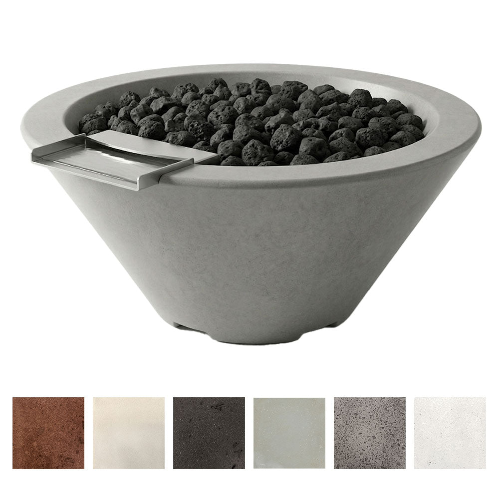 Gray concrete fire and water bowl with black lava rocks and metal burner cover, angled view