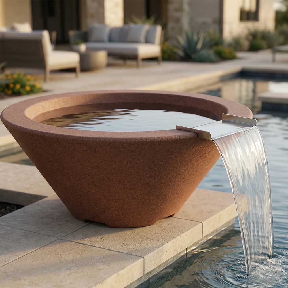 Concrete gas fire and water bowl with brown finish and arched water stream