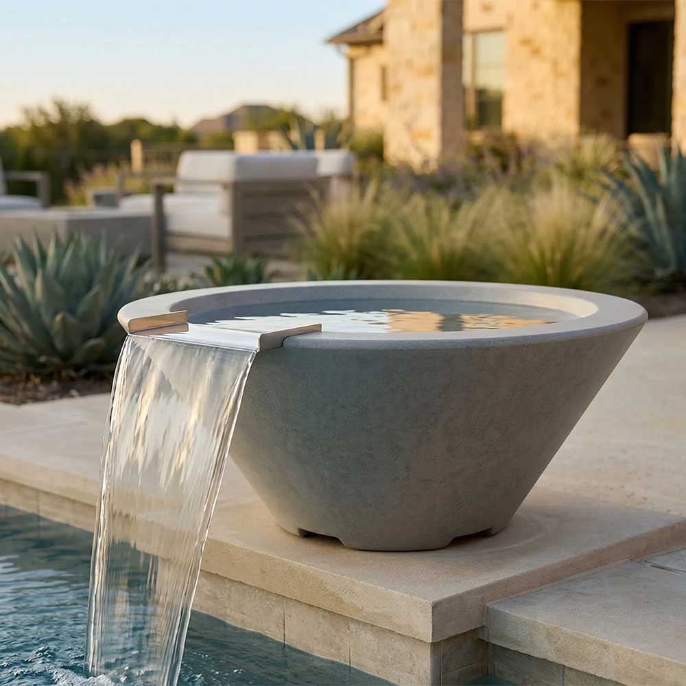 Concrete gas fire and water bowl with gray finish and water spill from side spout