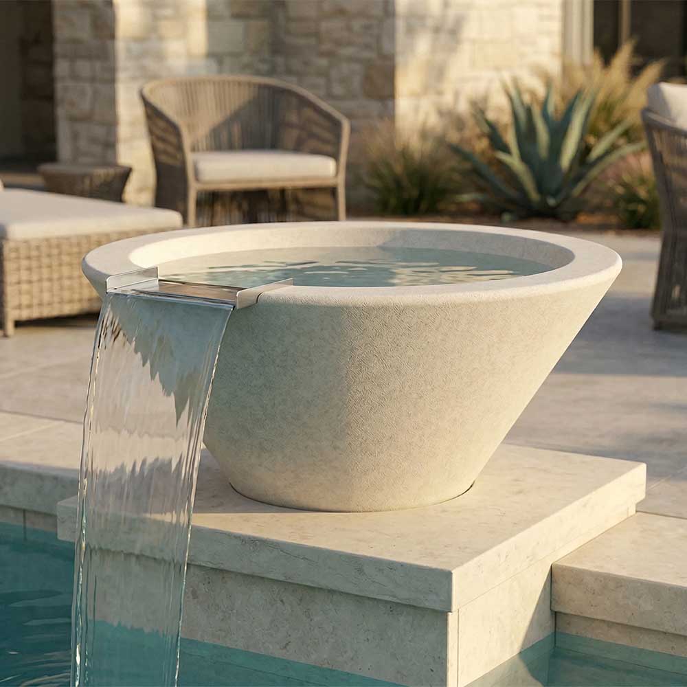 Concrete gas fire and water bowl with light beige finish and flowing water from spout