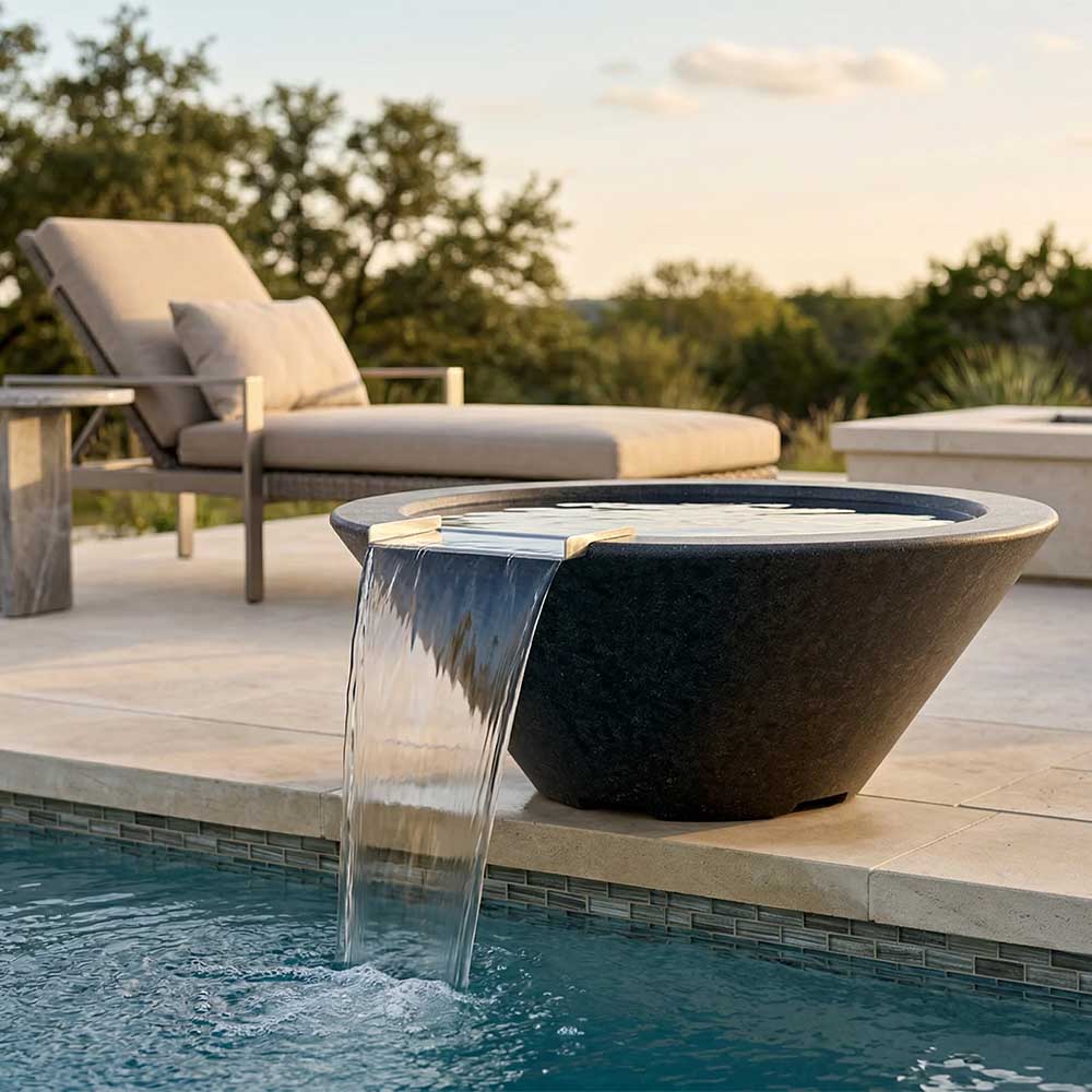 Concrete gas fire and water bowl with dark finish and tall water stream over pool