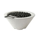 Light gray concrete fire and water bowl with black lava rocks and metal burner plate