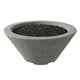Concrete gas fire bowl with dark lava rock, medium gray finish, triangular tapered shape