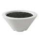 Small concrete gas fire bowl with dark lava rock, bright white finish, round top opening