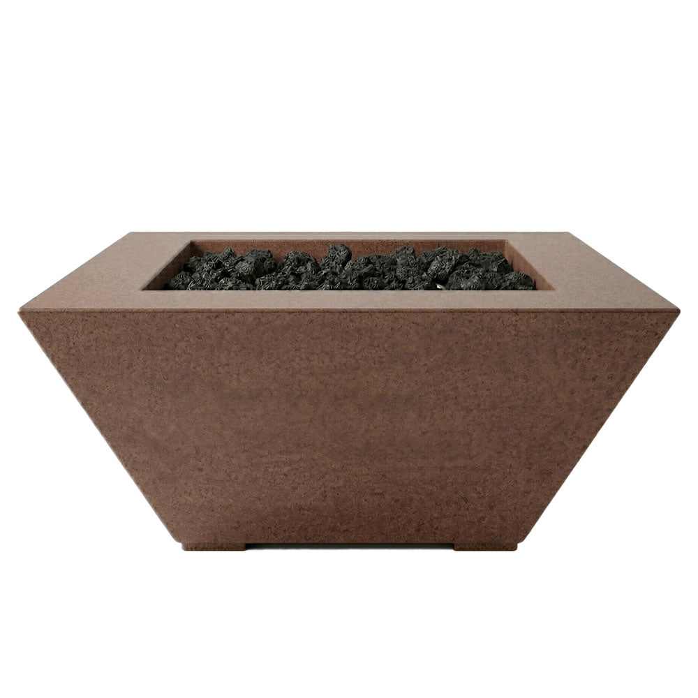 Tall concrete gas fire pit with black lava rocks, square opening, cafe brown finish.