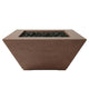 Tall concrete gas fire pit with black lava rocks, square opening, cafe brown finish.