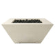 Tall concrete gas fire pit with black lava rocks, square opening, light cream finish.