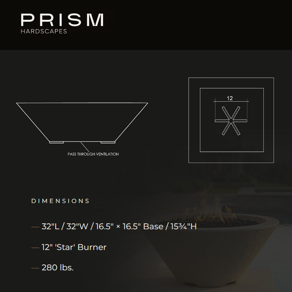 Prism Hardscapes Lombard 32-inch gas fire pit dimensions diagram on packaging.
