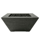 Tall concrete gas fire pit with black lava rocks, square opening, ebony dark finish.