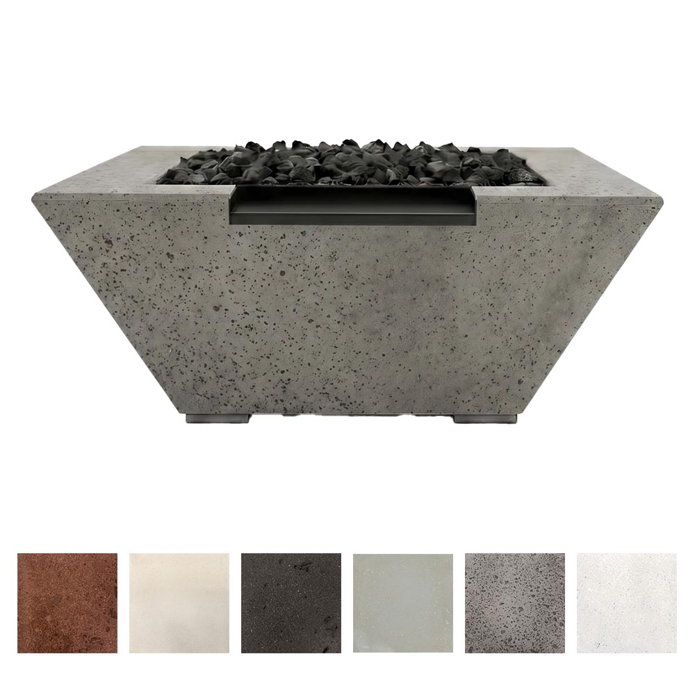 Darker speckled concrete gas fire and water pit with lava rocks and color swatches