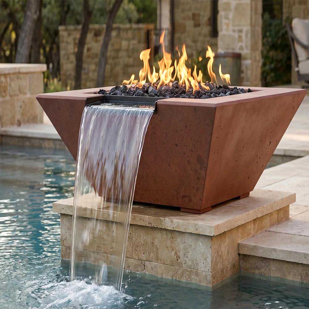Brown concrete gas fire and water pit with front waterfall and active flames