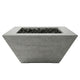 Tall concrete gas fire pit with square bowl, dark gray finish, and lava rocks