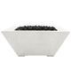 Tall concrete gas fire pit with square bowl, light gray concrete finish, and lava rocks