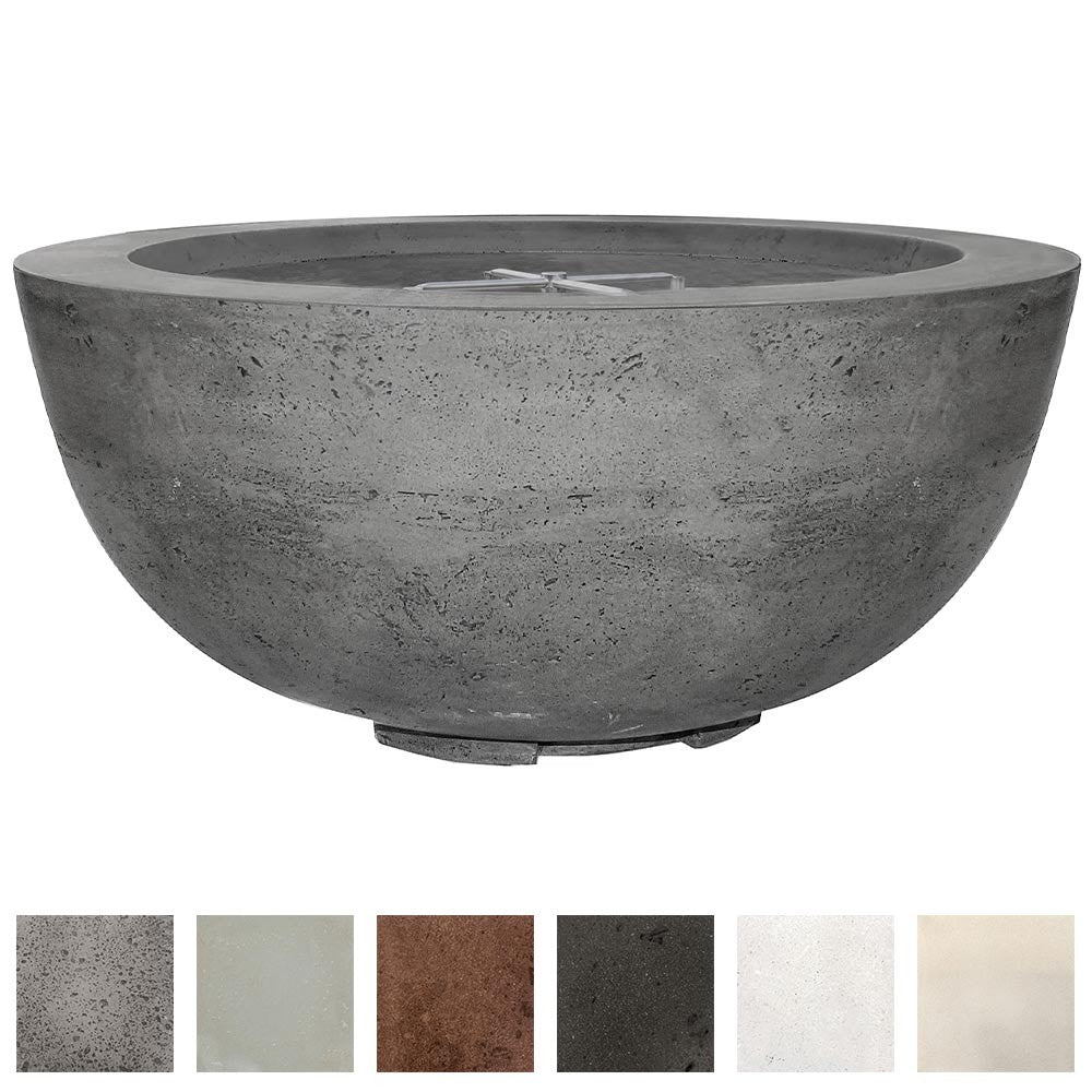 Modern concrete gas fire pit with dark gray bowl and round, top burner opening.