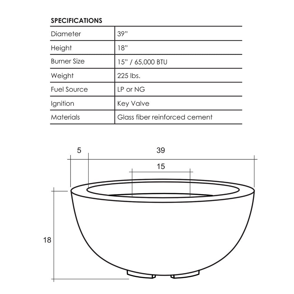39-inch concrete gas fire pit bowl with circular burner and protective base stand.