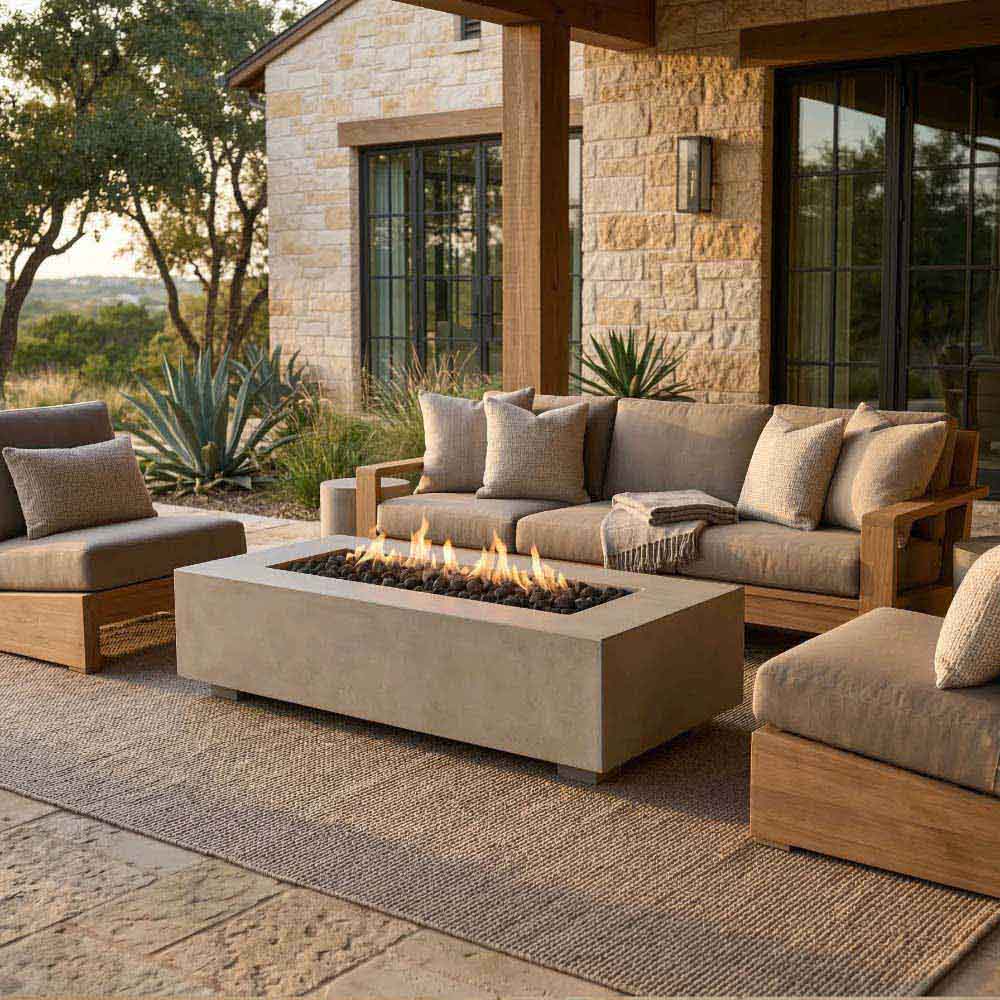 Low rectangular concrete gas fire pit with visible flames