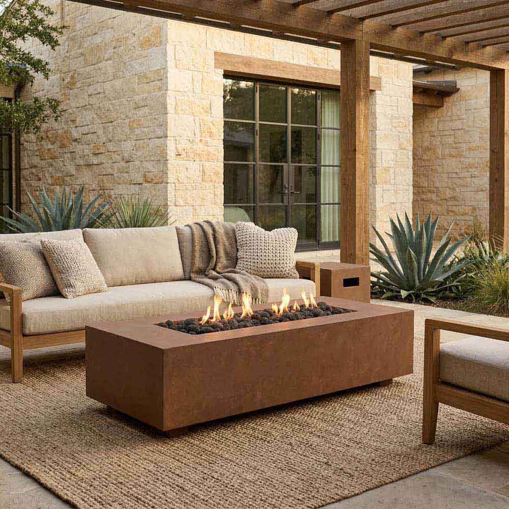 Concrete gas fire pit with burning flames, square-corner rectangular body
