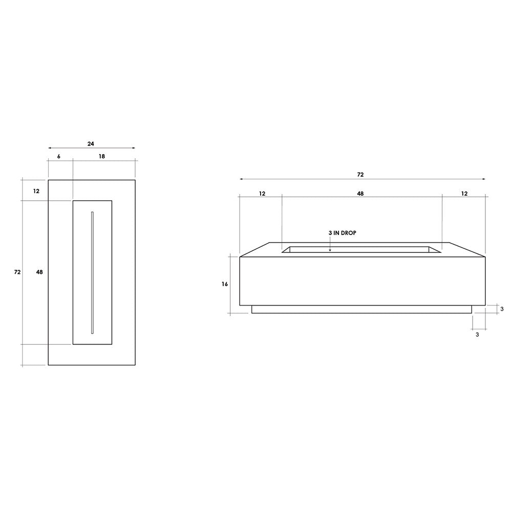 Narrow concrete gas fire pit layout with 72x24-inch dimensions