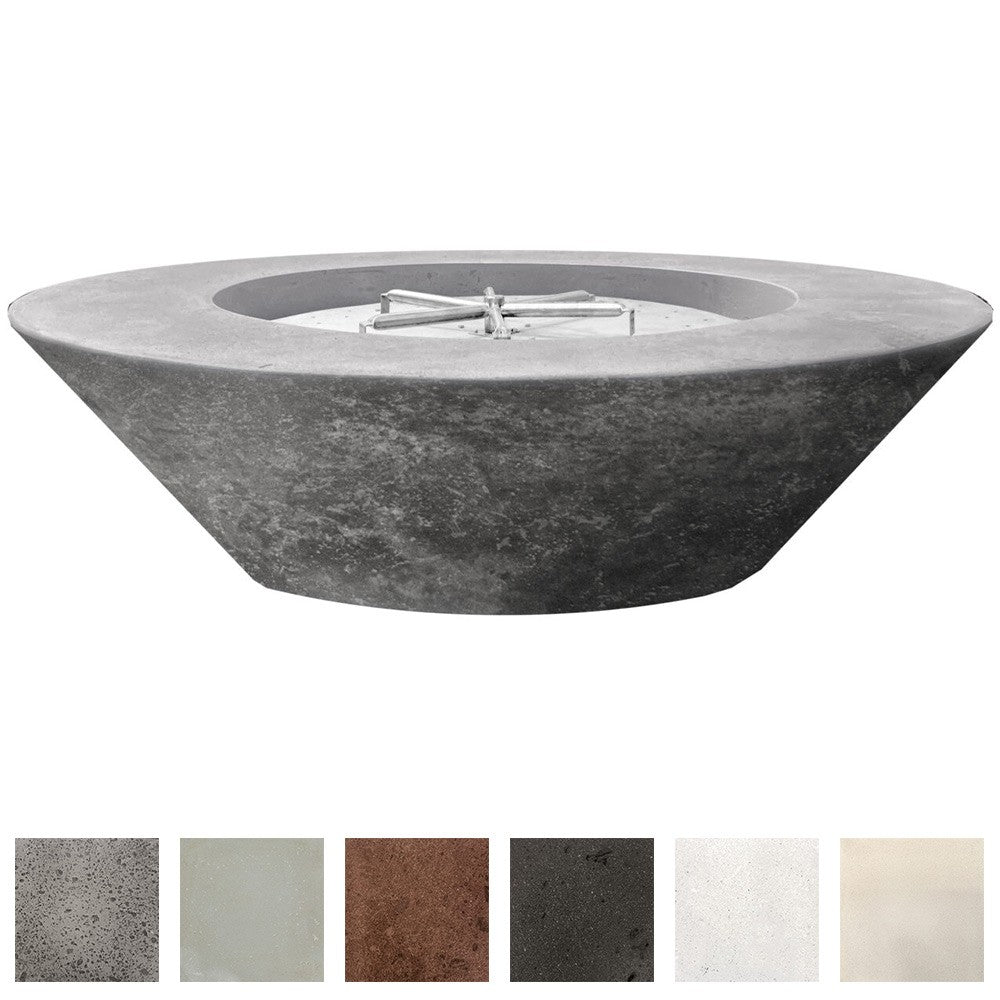 Concrete gas fire pit bowl with burner tray and metal ignition hardware on top