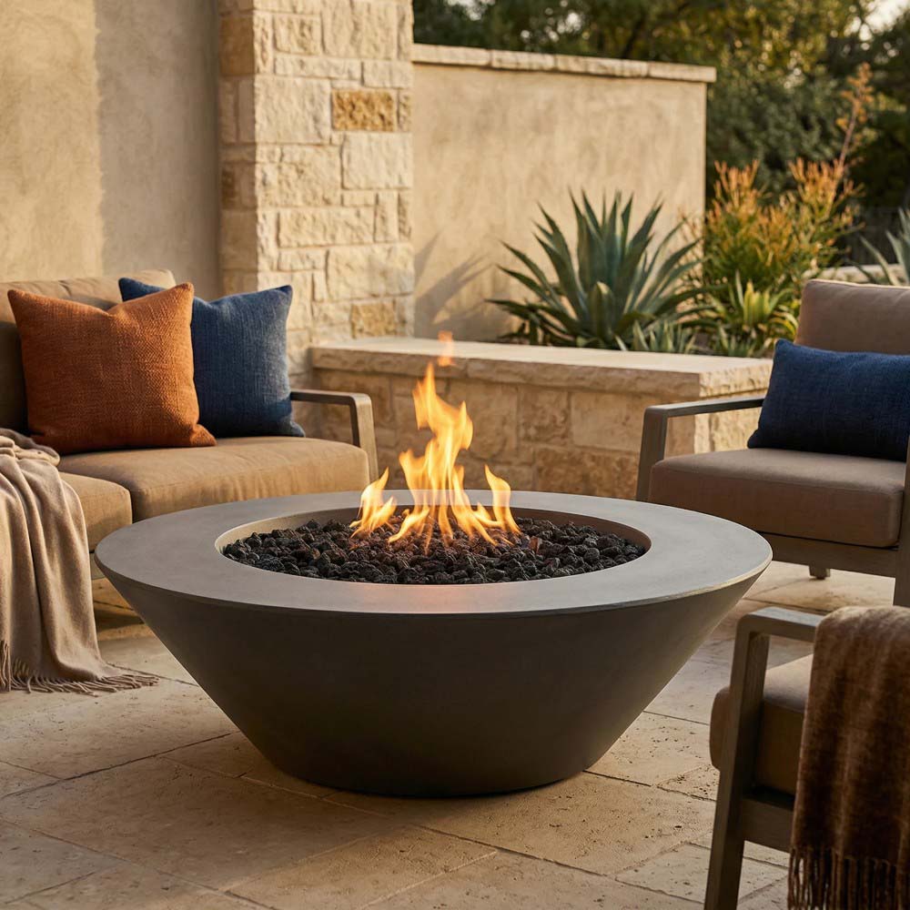 Low concrete gas fire pit with raised circular opening and burning flames