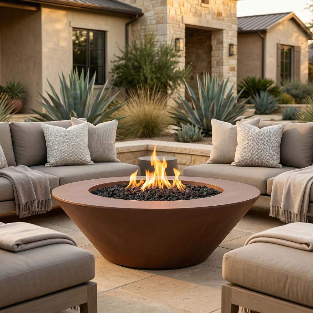 Round concrete gas fire pit with visible flames and dark burner bed in center