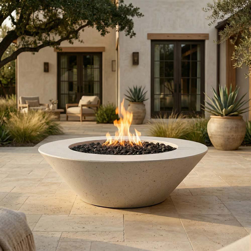 Light concrete gas fire pit bowl with flames centered over dark burner base