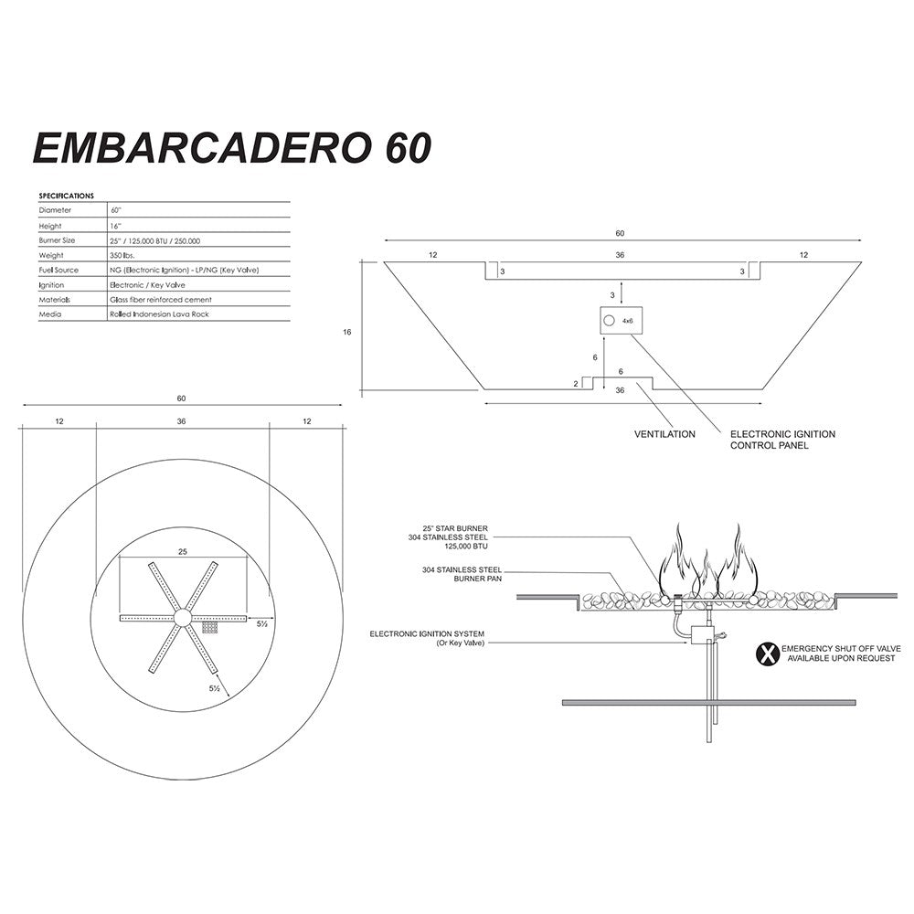 Embarcadero 60 gas fire pit technical diagram with dimensions and ignition details