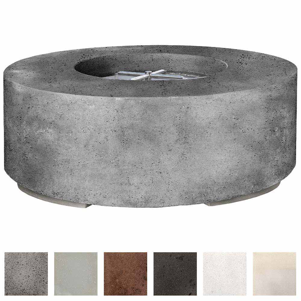 Round concrete gas fire pit with burner grate inside circular fire bowl, gray finish