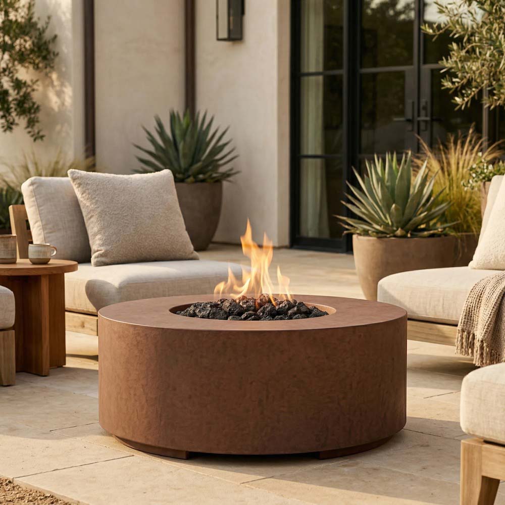 Round concrete gas fire pit with flames over lava rocks in circular bowl