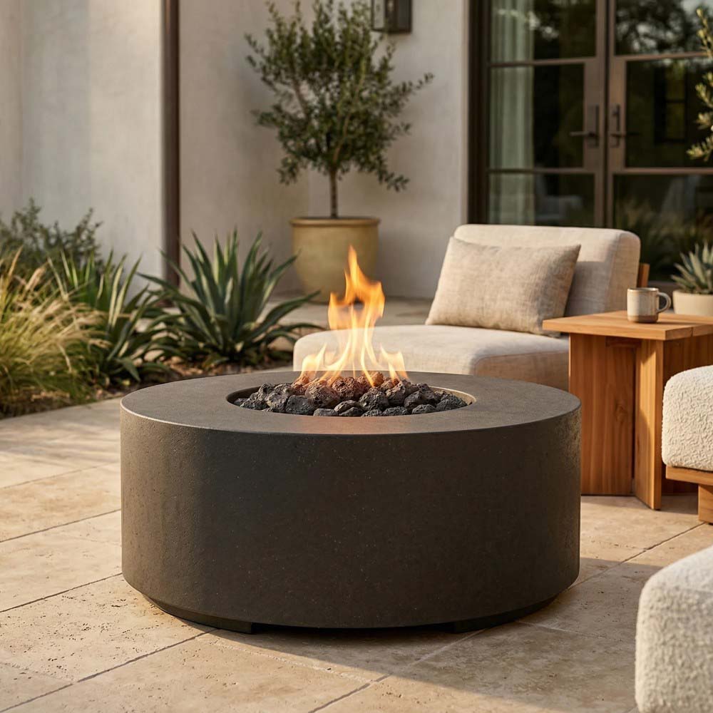 Round concrete gas fire pit with flames in circular bowl, dark charcoal finish