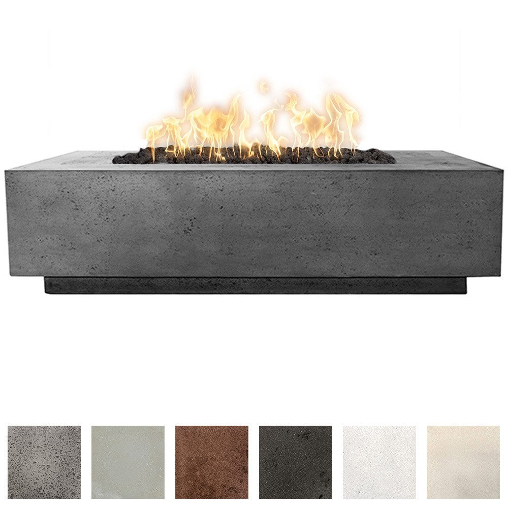 Rectangular concrete gas fire pit with visible flames and black burner interior