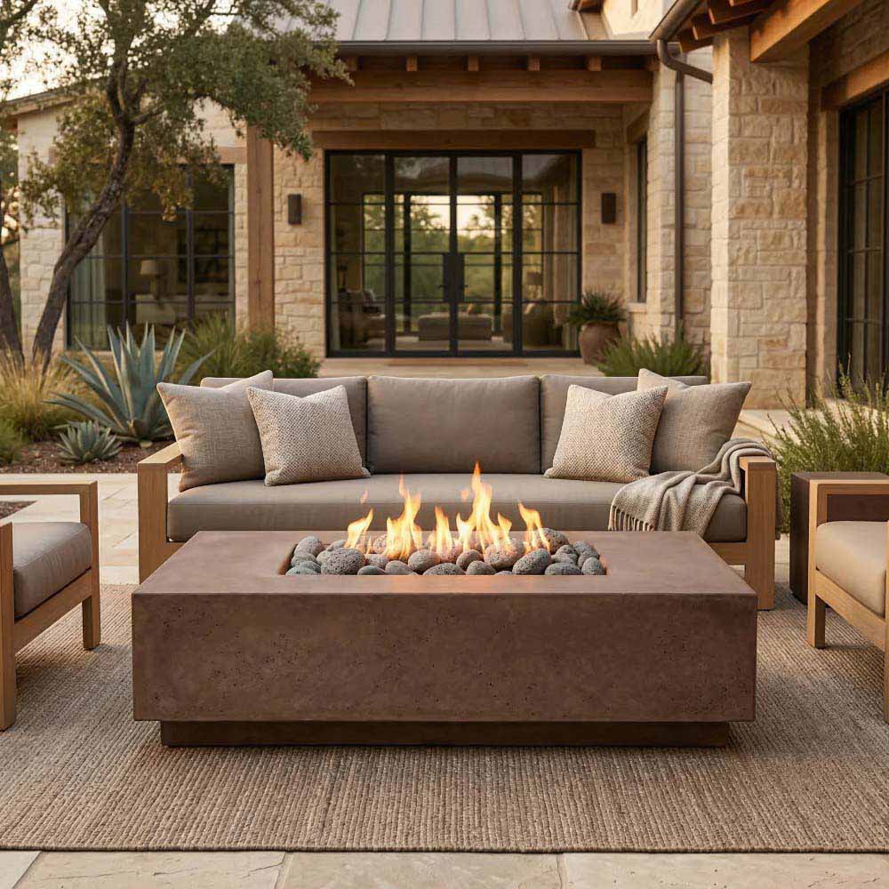 Rectangular outdoor concrete gas fire pit with flames on a modern patio